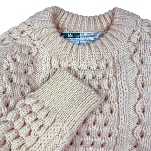 John Molloy Men's LRG  Ivory Irish Wool Cable Knit Crew Neck Fisherman Sweater - Picture 1 of 7